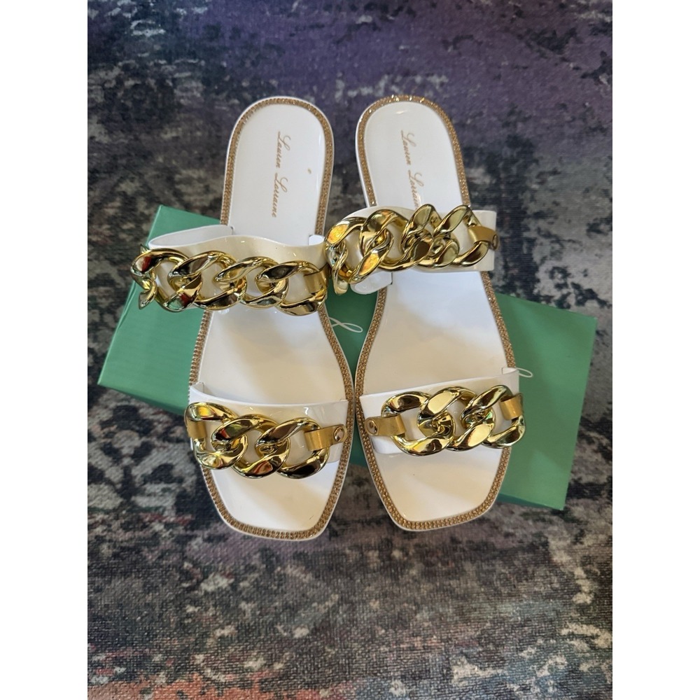 White Slide Sandals with Gold Chain Accent by